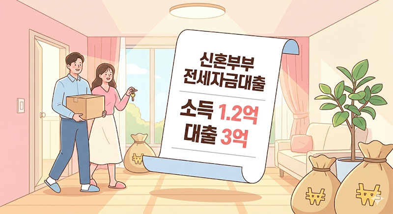 2026년 소득 기준이 1억 2천만 원으로 상향된 신혼부부 전세자금대출을 통해 넓은 신혼집을 마련하고 기뻐하는 부부의 일러스트