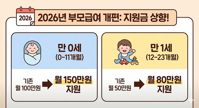 2026년 부모급여 개편으로 만 0세 아동 지원금이 월 100만원에서 150만원으로, 만 1세 아동 지원금이 월 50만원에서 80만원으로 인상됨을 보여주는 비교 인포그래픽