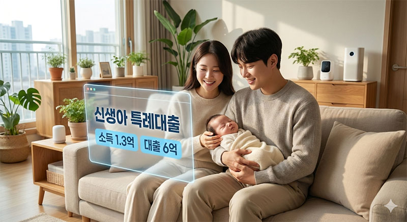 2026년 신생아 특례대출의 소득 기준 상향(1억 3천만 원)과 대출 한도 확대(6억 원) 혜택으로 내 집 마련의 꿈을 이룬 신혼부부의 모습