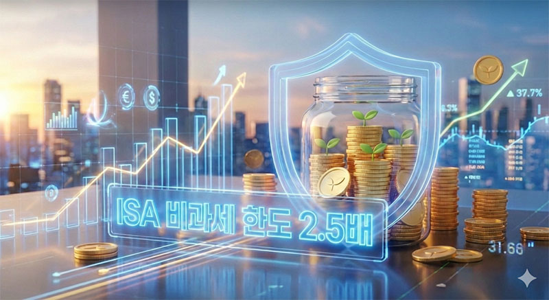 2026년 중개형 ISA 계좌 비과세 한도 2.5배 상향과 자산 보호 효과를 나타내는 3D 일러스트