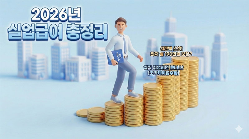 2026년 실업급여 인상 금액과 구직 활동을 통한 재취업 성공을 상징하는 3D 일러스트