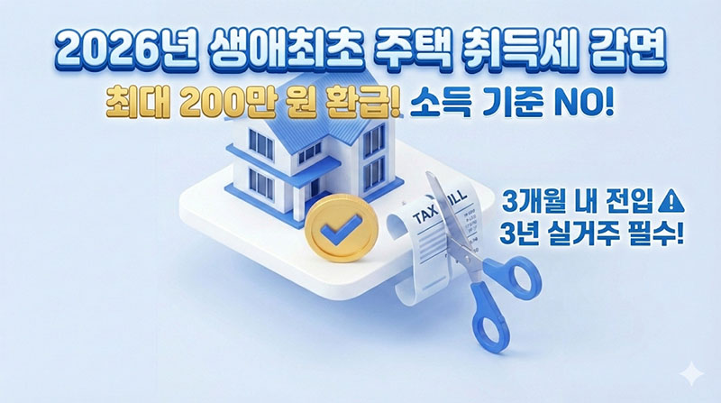 2026년 생애최초 주택 구입자가 취득세 감면 혜택을 받아 세금 고지서 부담을 줄이는 모습을 표현한 3D 일러스트