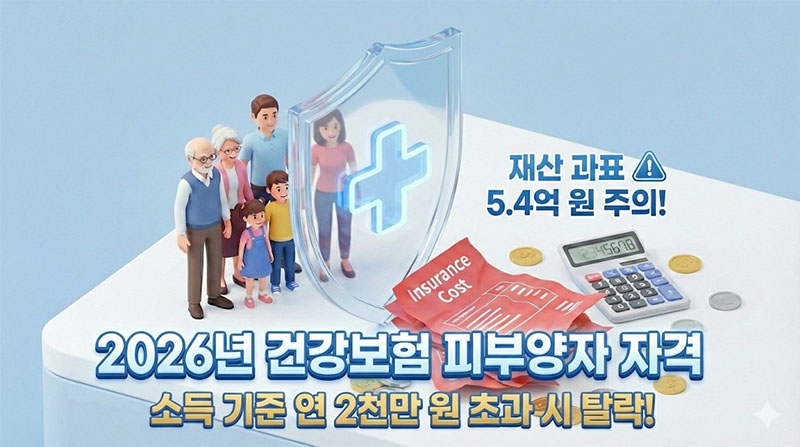 2026년 건강보험 피부양자 자격을 유지하여 보험료 부담을 줄이고 가족을 보호하는 모습을 표현한 3D 일러스트