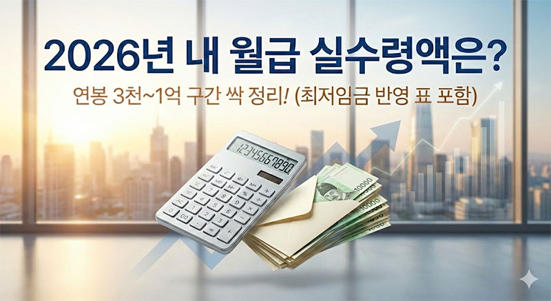 2026년 연봉별 월 실수령액과 세금 공제 내역을 계산하는 계산기와 돈다발 이미지