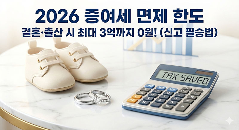 웨딩 링과 아기 신발, 그리고 세금 계산기가 함께 놓여 있는 이미지로 결혼과 출산 증여세 공제를 표현함