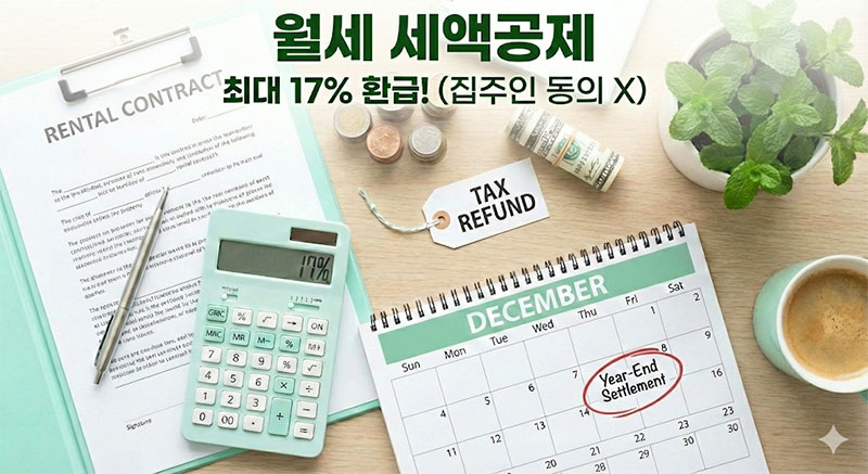 2026년 월세 세액공제 환급액을 계산하는 계산기와 월세 계약서, 그리고 웃고 있는 직장인 일러스트