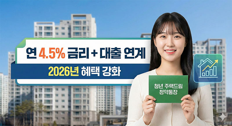 4.5% 금리 혜택이 적힌 청년 주택드림 청약통장을 들고 있는 청년과 아파트 배경 이미지