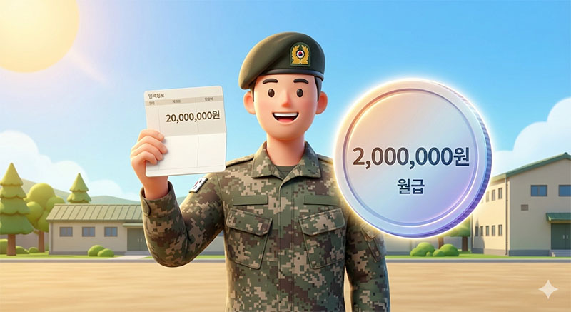 군복을 입은 병사가 2,000만원이 찍힌 통장을 들고 있는 3D 일러스트