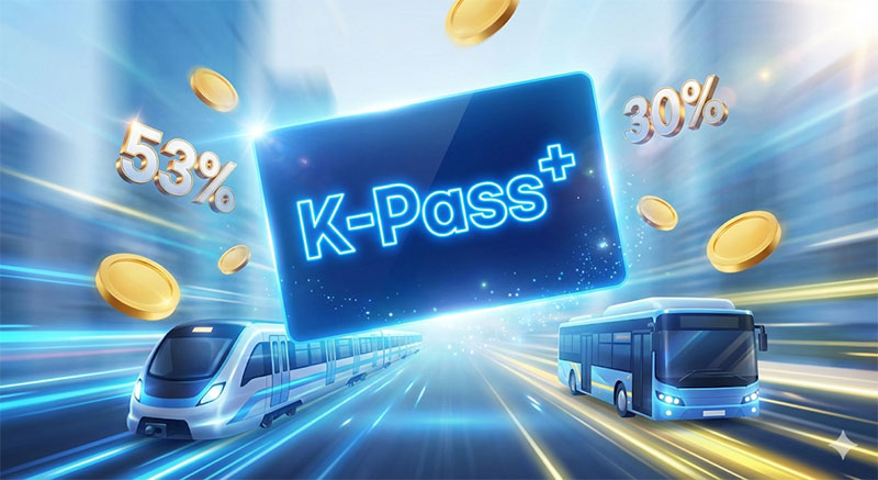 2026년 교통비 환급 혜택을 상징하는 K-패스 플러스 카드와 도시 대중교통 배경 일러스트