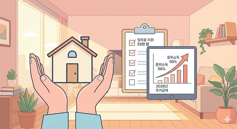 주거 안정을 위한 2026년 주거급여 정책을 상징하는 따뜻한 분위기의 주택 보호 일러스트