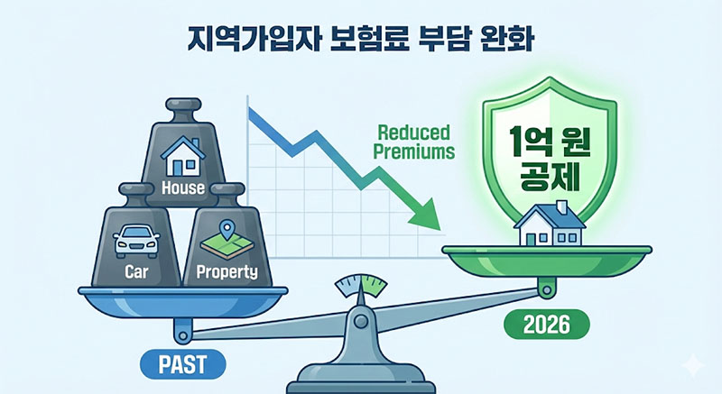 2026년 건강보험료 개편으로 지역가입자의 주택과 자동차에 대한 부담이 줄어들고 재산공제가 1억 원으로 늘어나는 효과를 비교한 인포그래픽