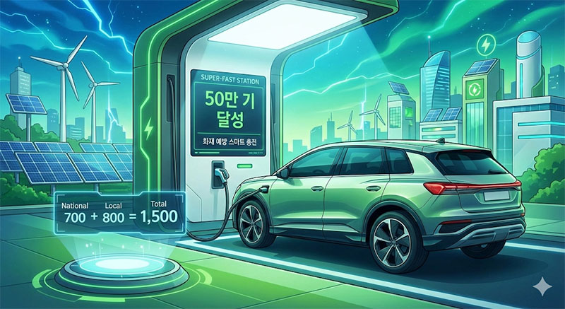 2026년 최대 1,500만 원의 전기차 보조금 혜택과 화재 예방 기능이 탑재된 스마트 충전기 50만 기 구축 계획을 시각화한 일러스트