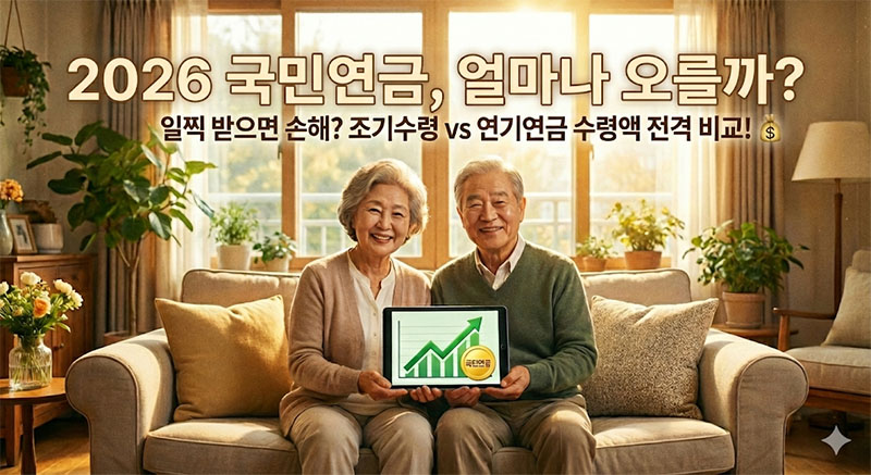 2026년 국민연금 인상 소식을 확인하며 노후를 계획하는 행복한 부부