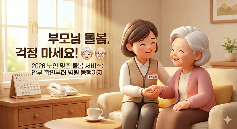 2026년 노인 맞춤 돌봄 서비스를 통해 집에서 안전하게 생활지원과 말벗 서비스를 받는 어르신의 행복한 모습