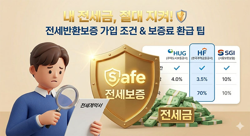 전세 사기 걱정 없이 보증금을 지키기 위해 전세반환보증 보험에 가입하고 안심하는 세입자의 모습