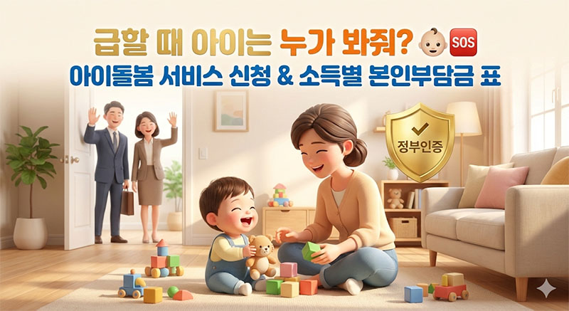 2026년 아이돌봄 서비스를 통해 정부가 인증한 돌보미 선생님에게 아이를 맡기고 안심하고 출근하는 맞벌이 부부의 모습