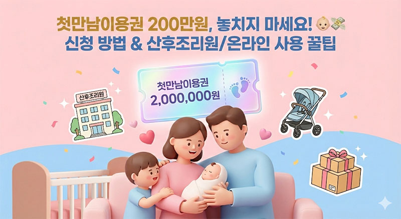 2026년 첫만남이용권 바우처를 통해 산후조리원 비용과 육아용품을 구매하는 행복한 가족의 모습